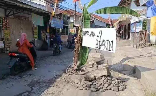 Jalan Rusak di Cinangka Tak Kunjung Diperbaiki, Pohon Pisang Jadi Simbol Protes