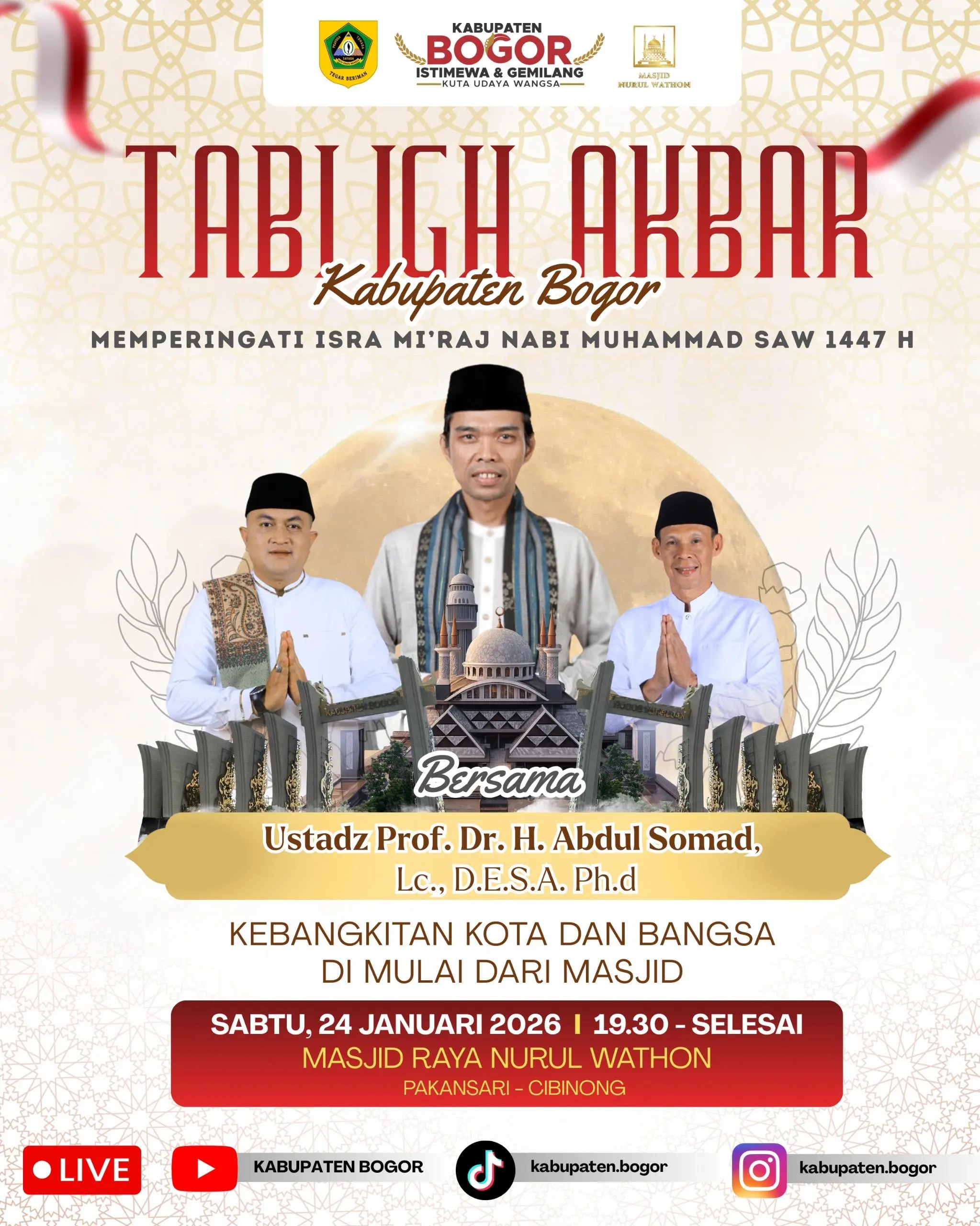 Bupati Bogor Akan Hadirkan Ustadz Abdul Somad Pada Peringatan Isra Mi’raj di Masjid Nurul Wathon