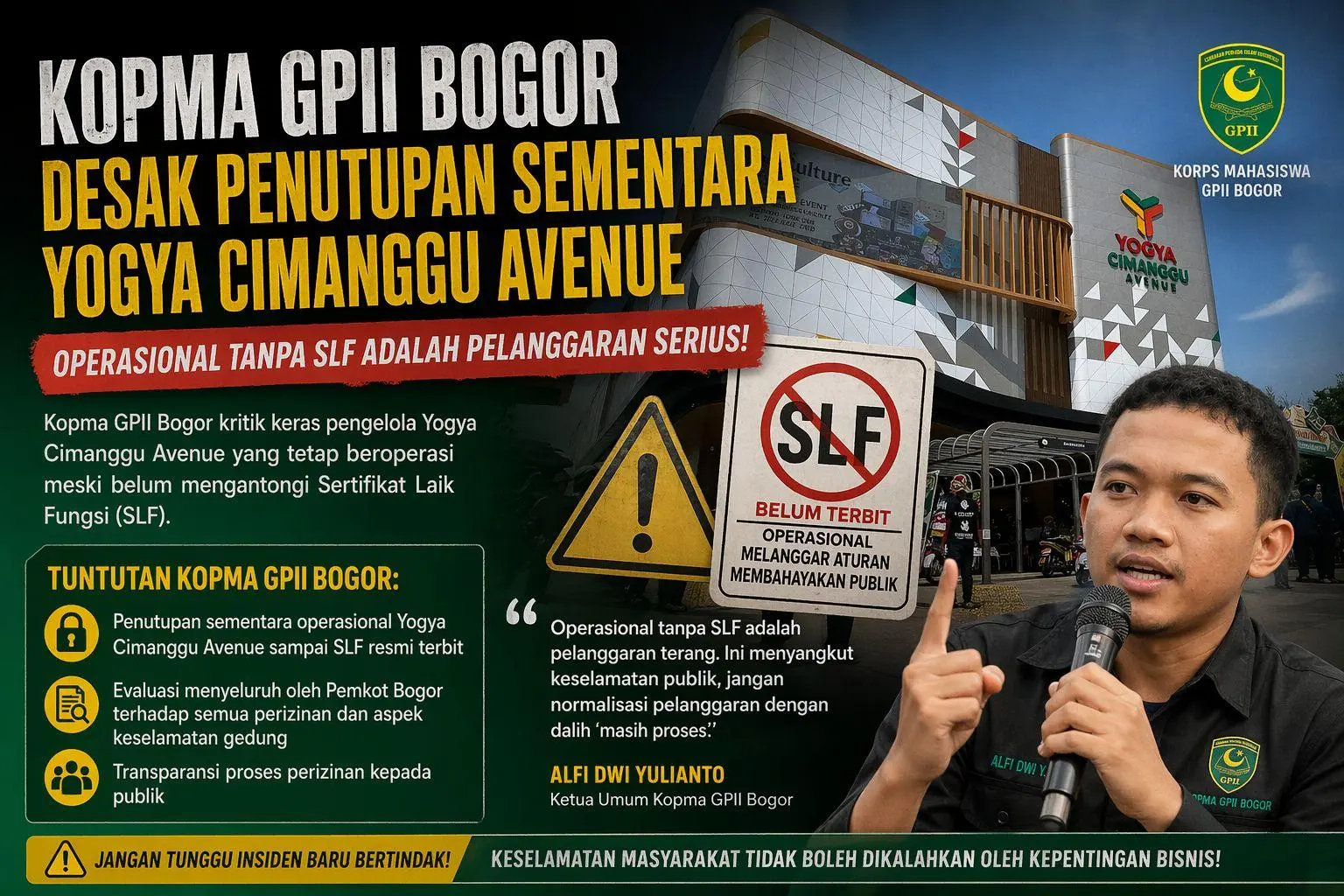 Belum Kantongi SLF, Kopma GPII Bogor Desak Penutupan Yogya Cimanggu Avenue